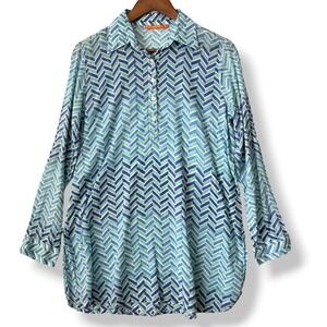 Oliphant Tunic Top L Blouse Blue Green Chevron 100% Cotton Lightweight Beach Art